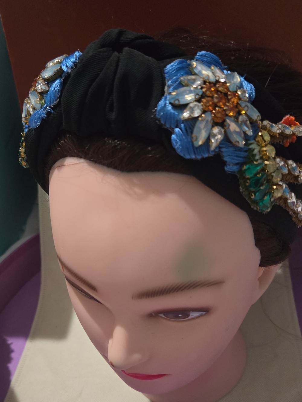 Black Embellished Floral Headband with Blue Accents